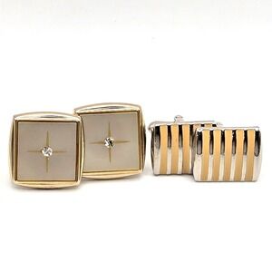 Vintage Cufflink Set Gold Tone Hickok Starburst Rhinestone & Striped Enamel